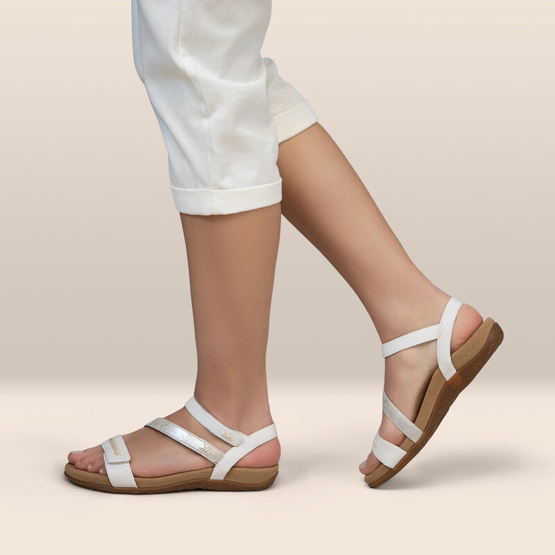 white adjustable quarter strap sandal on foot